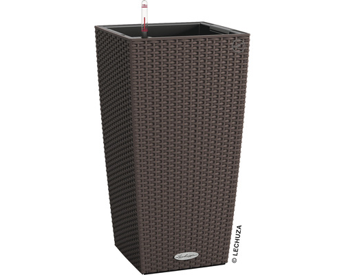 LECHUZA All-in-One Set Plantenbak Cottage Cubico Kunststof bruin 30x30x56 cm Hoge plantenbak in rotan design met waterniveau-indicator