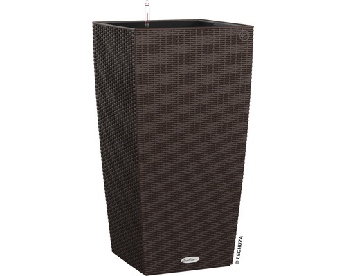 LECHUZA All-in-One Set Plantenbak Cottage Cubico Kunststof bruin 40x40x75 cm Hoge, vierkante plantenbak met rotanlook en waterniveau-indicator