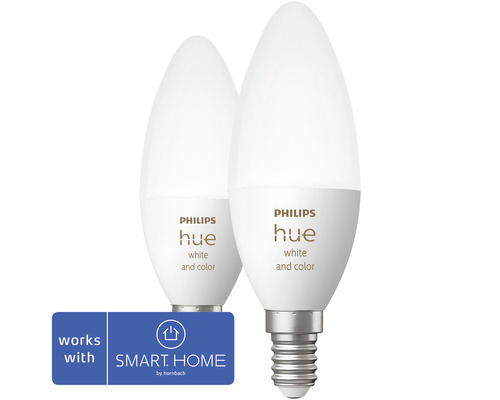 Twee Philips Hue lampen in kaarsvorm met E14 fitting