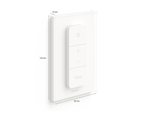 Philips Hue dimmer schakelaar met afmetingen 125 x 80 x 15 millimeter.