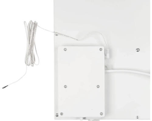 Achteraanzicht van een spiegelkast met kabel en aansluitdoos