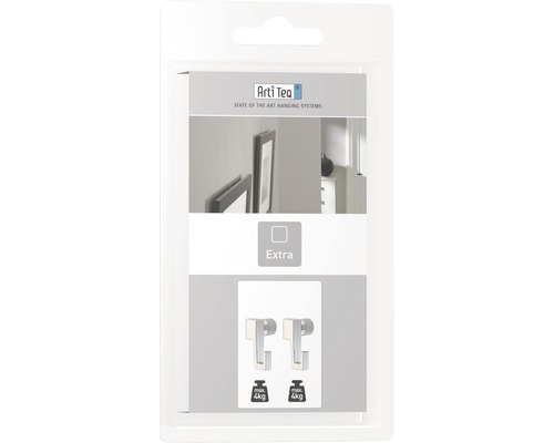 Arti Teq Logo. Verpakking met twee fotolijsthaken voor het ophangen van foto''s tot maximaal 4 kg.