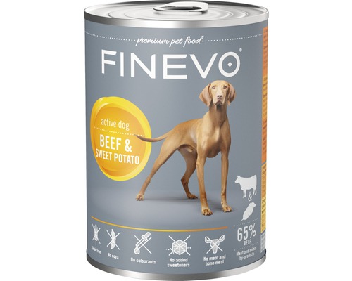 FINEVO Hondenvoer nat Active Dog rund met zoete aardappel 400 g Finevo Premium diervoeding voor actieve honden met rundvlees en zoete aardappel in blik