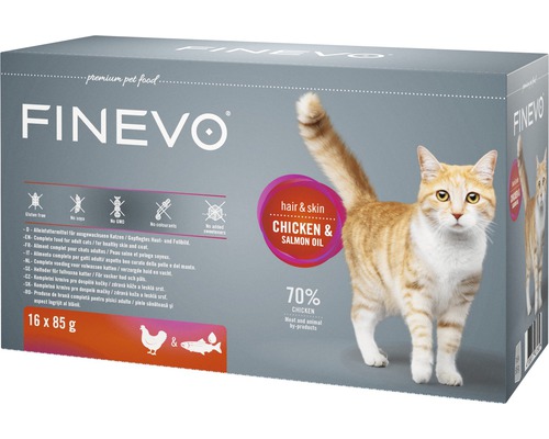 FINEVO Kattenvoer nat Hair & Skin kip en zalmolie 16x85 g Finevo kattenvoer met kip en zalmolie, 16 maal 85 gram