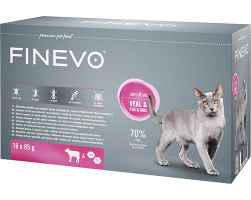 FINEVO Kattenvoer nat Sensitive kalf 16x85 g Finevo kattenvoer sensitive met kalf en FOS en MOS in een verpakking van 16 maal 85 gram