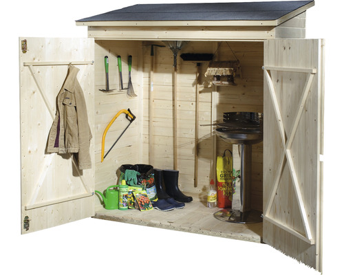 Open houten gereedschapsschuur met tuingereedschap en barbecue