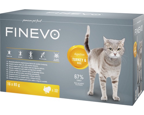 FINEVO Kattenvoer nat Digestion kalkoen en rijst 16x85 g Finevo kattenvoer met kalkoen en rijst, 16 stuks verpakking van 85 gram