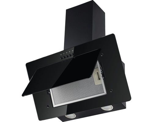 Zwarte afzuigkap met open voorklep en metalen filter