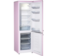 Geopende, roze koel-vriescombinatie met compartimenten en laden