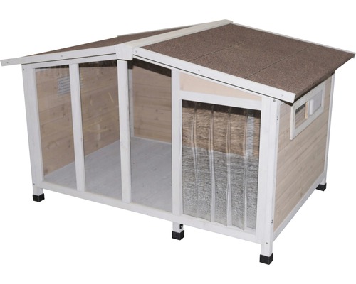 Hondenhok van hout met dakleer