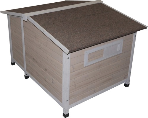 Houten hondenhok met raam en zadeldak