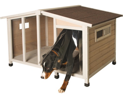 Houten hondenhok met hondenluik en raam