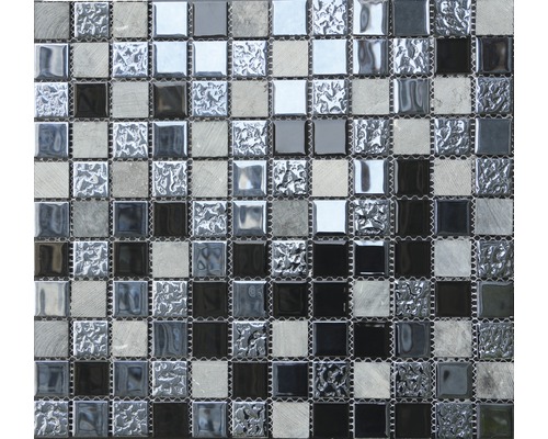 Natuursteen- en glasmozaïek grijs/zwart 30,5x32,5 cm Mozaïektegel met vierkant patroon van steen en glas