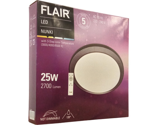 Verpakking van een Flair LED plafondlamp Nunki met 25 watt vermogen