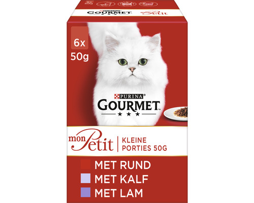 GOURMET Kattenvoer mon petit rund, kalf en lam 6 x 50 g Purina Gourmet Mon Petit kattenvoer met rund, kalf en lam, 6 maal 50 gram verpakking