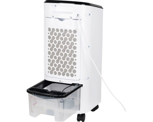 Achteraanzicht van een luchtkoeler met waterreservoir en filter