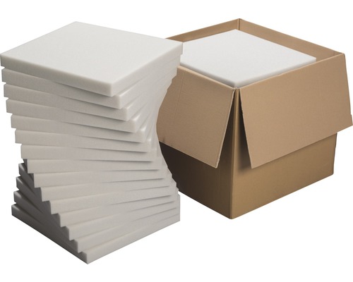 Schuimplaat Softpur 40x40x4 cm profipak 15 stuks Stapel schuimplaten naast een open kartonnen doos