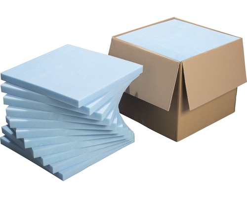 Schuimplaat Isopur 50x50x4 cm profipak 11 stuks Stapel blauwe isolatieplaten naast een open kartonnen doos