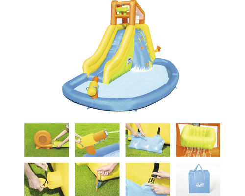 Opblaasbare waterglijbaan met zwembad en detailopnamen van de installatie.