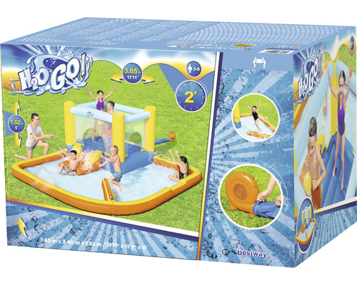 Verpakking van een opblaasbaar Bestway H2OGO waterpark met zwembad, springkussen en waterglijbaan