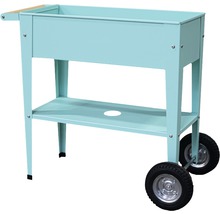 Metalen plantenbak op poten met wielen en opbergplank