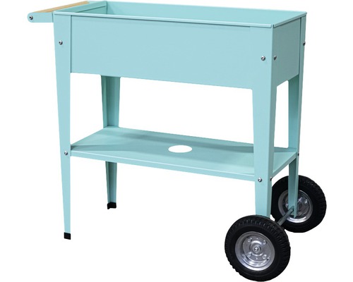 Metalen plantenbak op poten met wielen en opbergplank