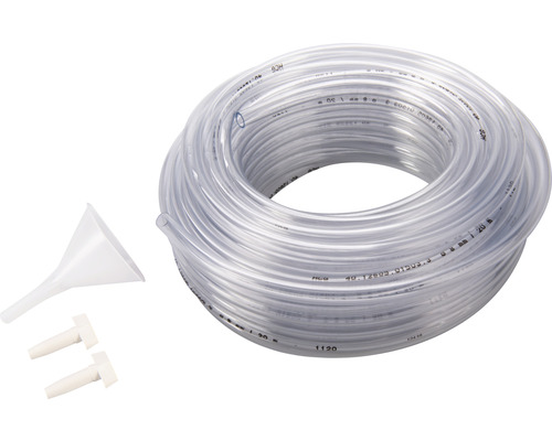 Transparante slang met trechter en twee stoppen