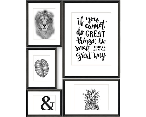 Wanddecoratie met leeuw, spreuk, ananas, blad en en-teken in zwarte lijsten