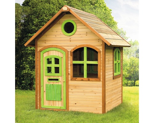 Houten speelhuis met deur en ramen voor buiten