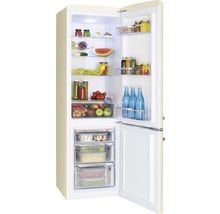 Geopende crèmekleurige koelkast met diverse levensmiddelen