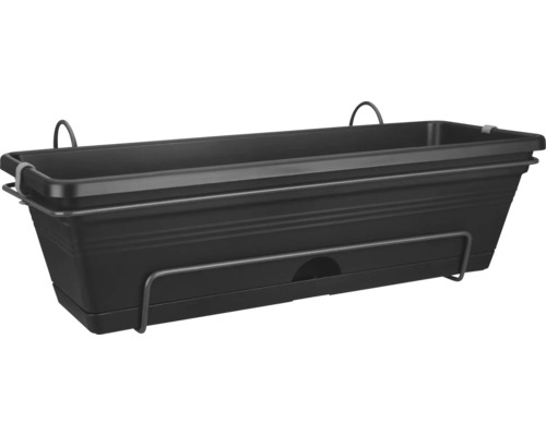 Donkere bloembak met beugel voor het balkon