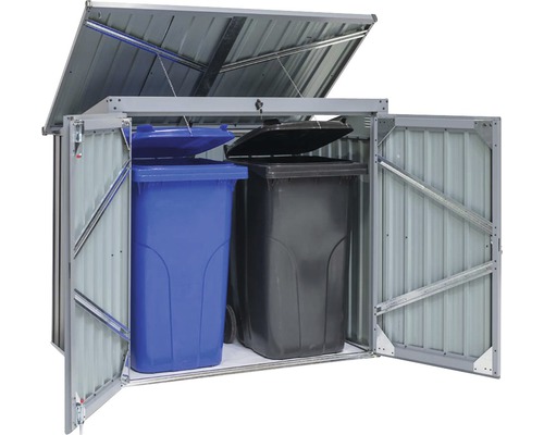 Afvalcontainerbox met twee afvalcontainers met open deuren en open deksel
