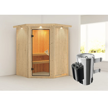 Houten hoeksauna met glazen deur en saunakachel