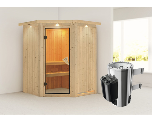 Houten hoeksauna met glazen deur en saunakachel
