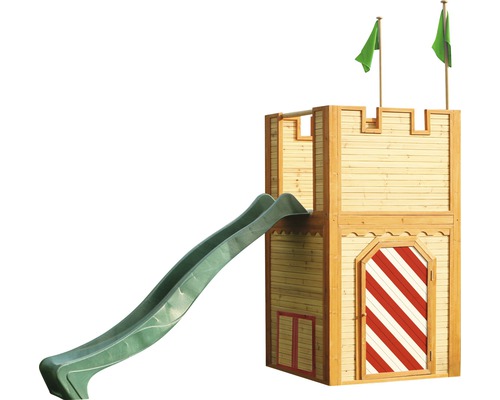 Houten speeltoren met glijbaan en vlaggen voor de tuin