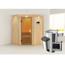 Houten sauna met glazen deur, bedieningspaneel en saunakachel