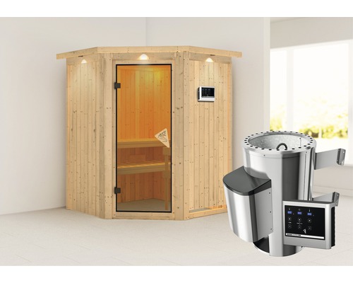 Houten sauna met glazen deur, bedieningspaneel en saunakachel