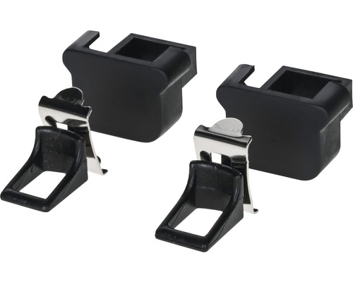 Twee zwarte vensterbankbeugels met metalen elementen