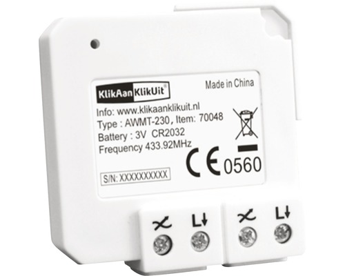 Klickaan Klikuit draadloze wandschakelaar met technische informatie, CE-markering en verwijderingssymbool.