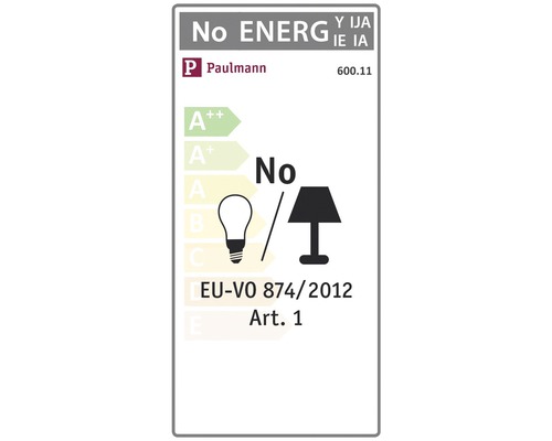 Paulmann logo. Geen energieverbruik voor lampen. EU-VO 874/2012 Art. 1