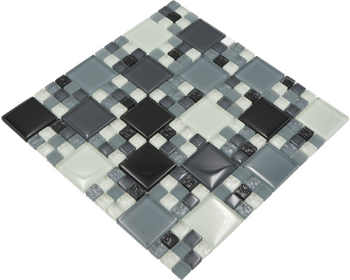 Mozaïektegel met vierkante glastegels in grijs, zwart en wit