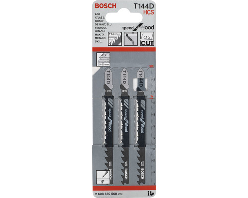 Bosch decoupeerzaagbladen T144D HCS, geschikt voor hout, in een verpakking van 3 stuks