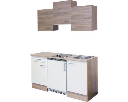 Complete kitchenette met spoelbak, kookplaat, koelkast en bovenkasten