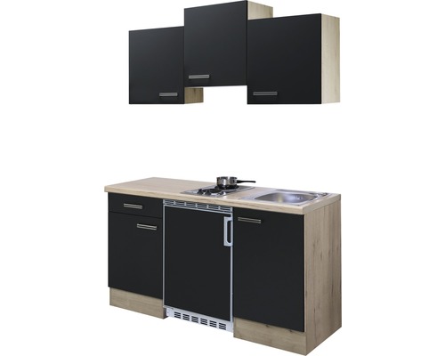 Compacte keuken met onderkasten, gootsteen, kookplaat en hangkasten