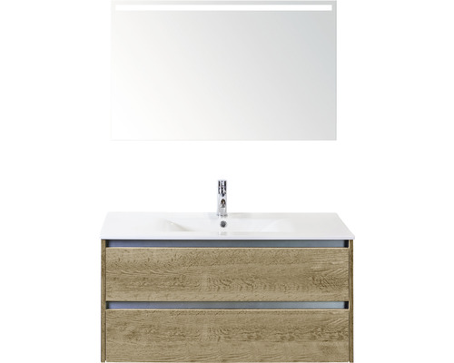 Badkamermeubelset Dante 100 cm keramische wastafel incl. spiegel met verlichting natuur eiken