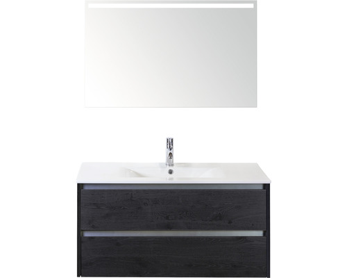Badkamermeubelset Dante 100 cm keramische wastafel incl. spiegel met verlichting black oak