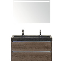 Wastafelmeubel met houten decor, wastafel en spiegel voor de badkamer