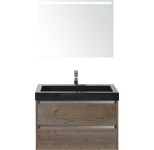 SANOX Badkamermeubelset Dante met LED lichtspiegel en zwarte wastafel 81 cm tabacco