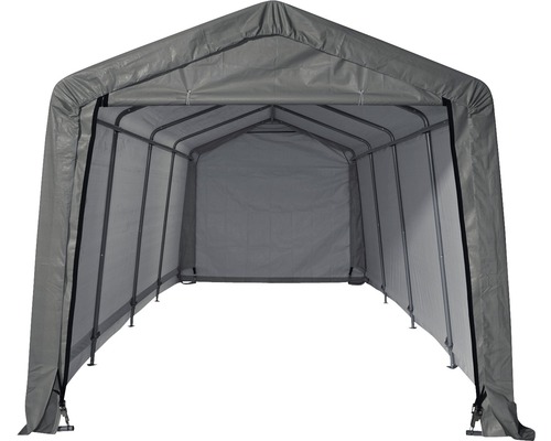 Grijze autogarage van staal en zeil