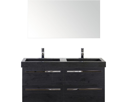 SANOX Badkamermeubelset Seville met spiegel en zwarte wastafel 121 cm black oak Badkamer met houten wastafelonderkast voor twee waskommen en spiegel